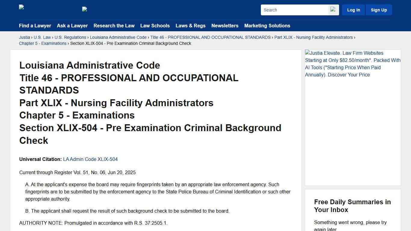 Louisiana Administrative Code, Chapter 5, Section XLIX-504 - Pre Examination Criminal Background Check Louisiana Administrative Code Justia